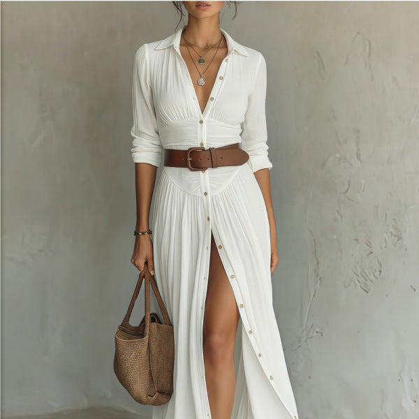 V-Neck Maxi Dress with High Side Split - white