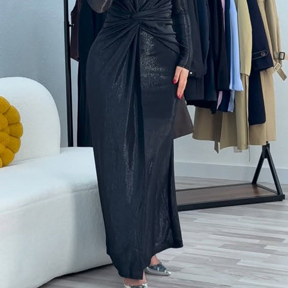 Metallic Maxi Dress With Twist Front Detail And Long Sleeves