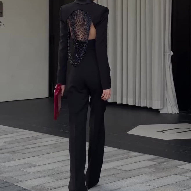 Black Backless Beaded Cropped Blazer & High Waist Pants Set