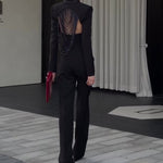 Black Backless Beaded Cropped Blazer & High Waist Pants Set