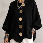 Collared Knit Sweater with Statement Buttons - black