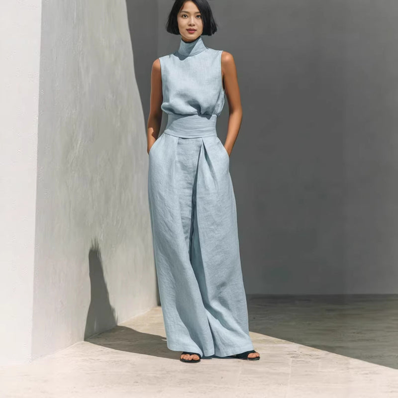 Stand-up Collar Pullover Top And Loose Straight-leg Trousers