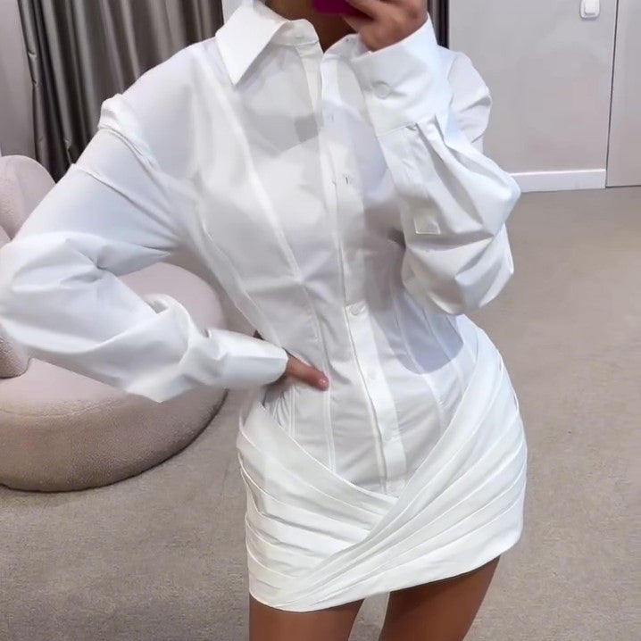 White Pleated Long Sleeve Mini Shirt Dress