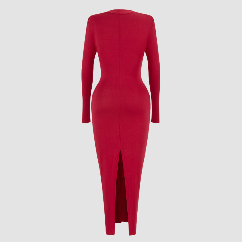 Burgundy Red Cutout Long-sleeved Bodycon Maxi Dress