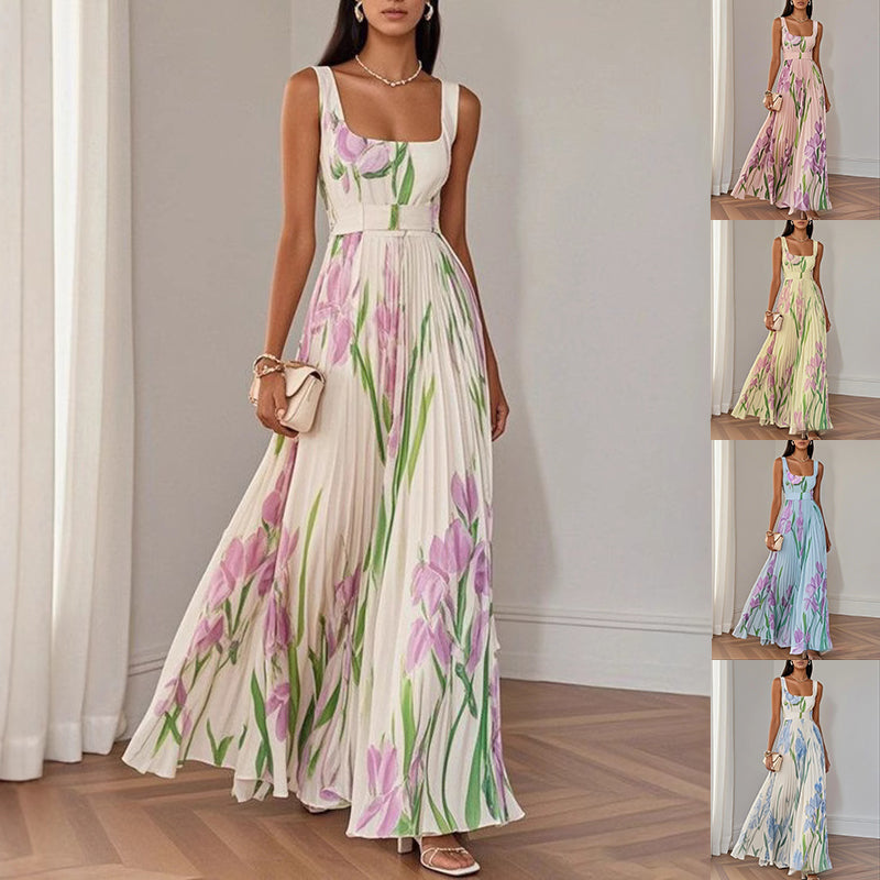 Floral Print Pleated Maxi Dress