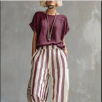 Round Neck Pullover T-Shirt And Striped Print Straight Leg Pants - wine red