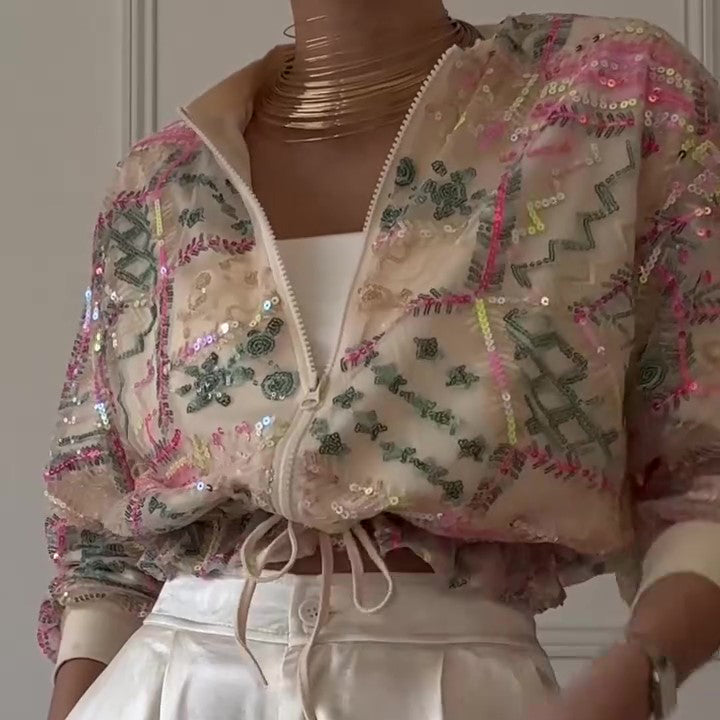 Embroidered Sequin Cropped Bomber Jacket