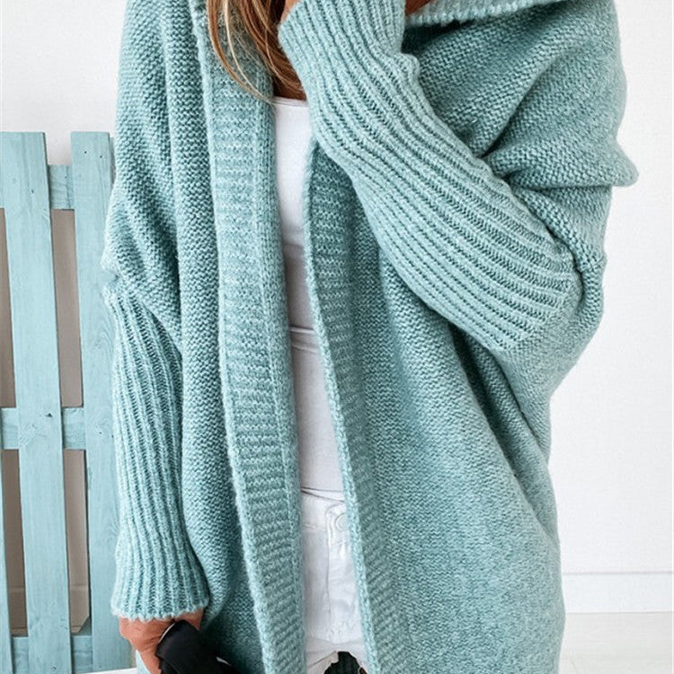 Oversized Bat Sleeve Hooded Cardigan - green