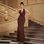 Chocolate Brown Glitter-Knit Deep V-Neck Halter Ruched-Waist Backless Mermaid Evening Gown