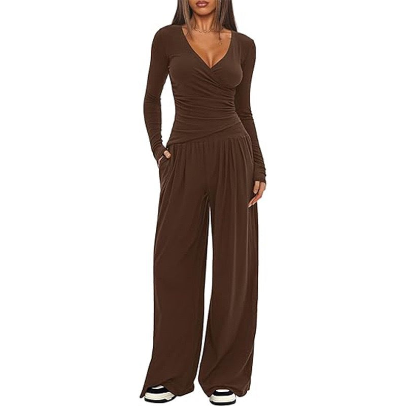 Top And Wide-leg Pants Set - brown