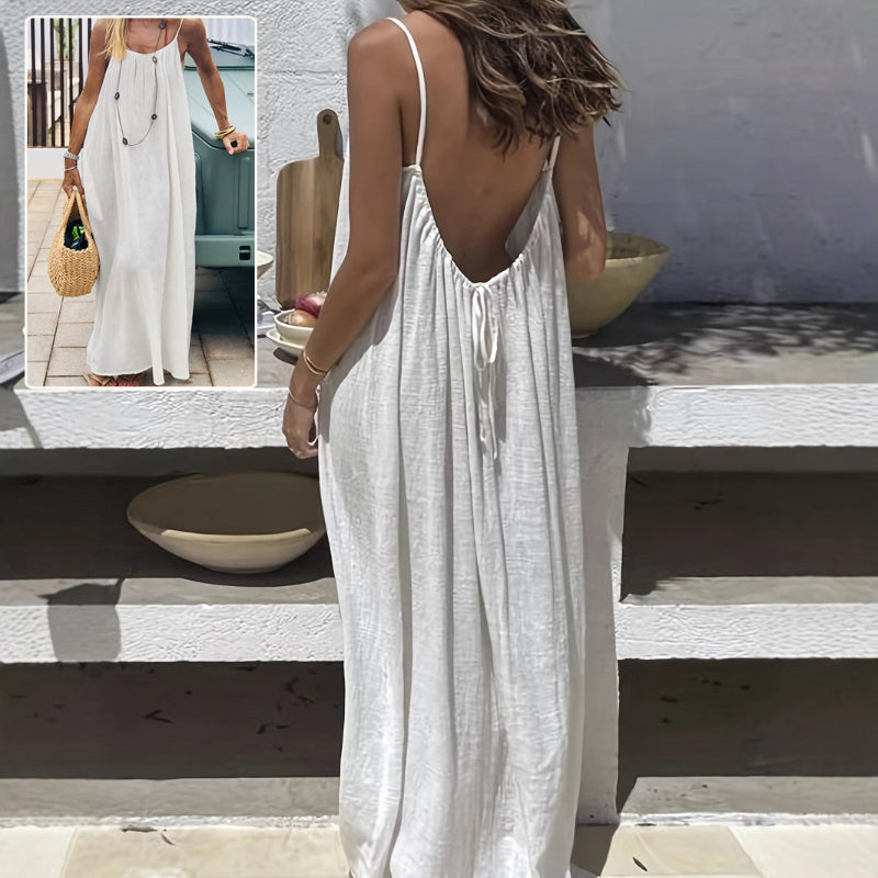 U-cut Backless Tie-up Long Dresses - white