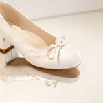 Gentle Satin Bow Block Heel Pumps - white
