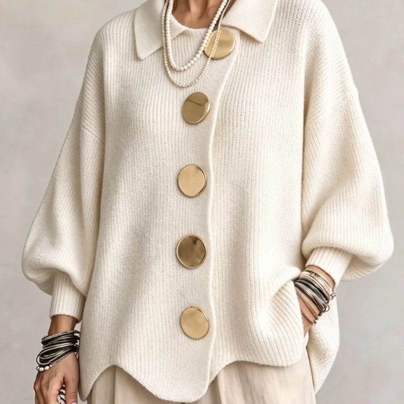Collared Knit Sweater with Statement Buttons - white