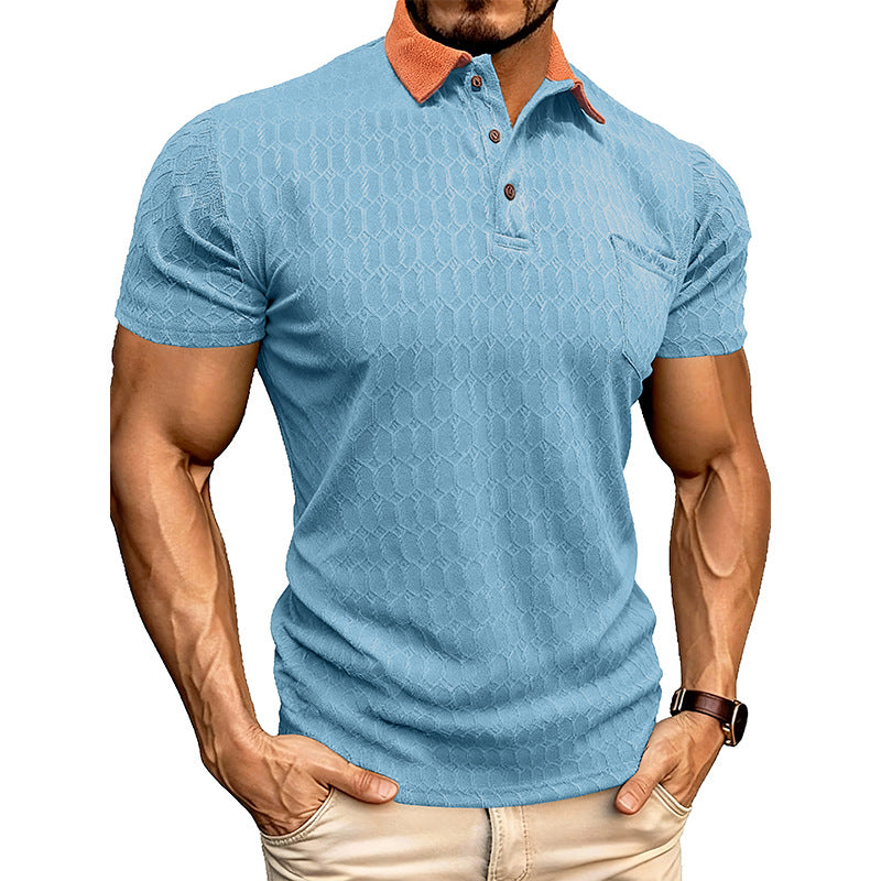 Honeycomb-Texture Contrast Collar Loose-Fit Moisture-Wicking Short-Sleeve Polo Shirt - light blue