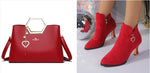 Pointed-Toe Ankle Boots and Matching Handbag Set - red