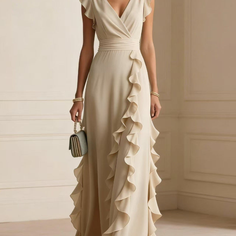 V-Neck Ruffle Maxi Dress - apricot