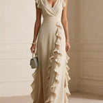 V-Neck Ruffle Maxi Dress - apricot