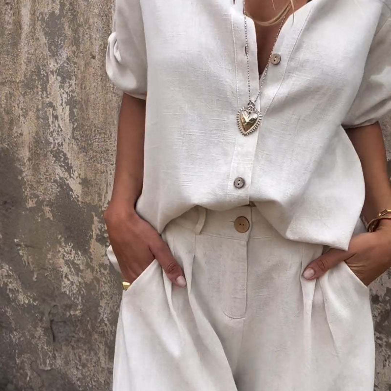 Lapel Button Shirt Top And Pocket Shorts - white