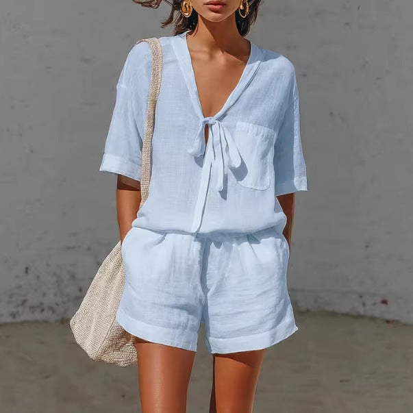 Short-sleeve Shirt Loose Shorts Set -blue