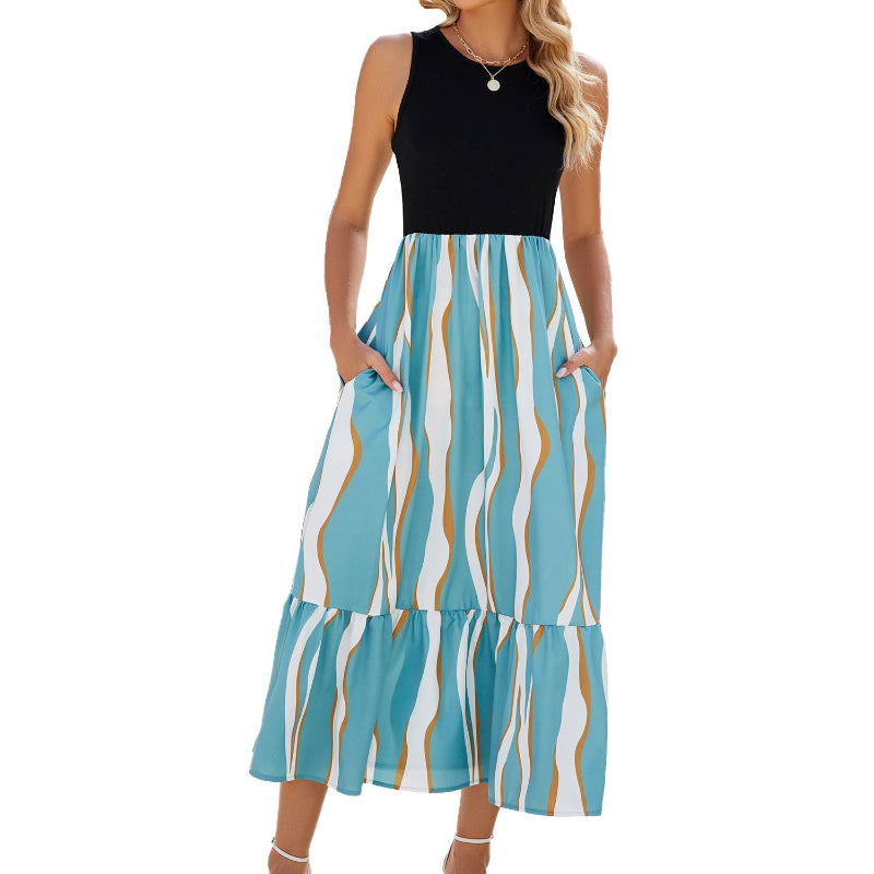 Sleeveless Wavy Stripe Tiered Midi Dress - blue