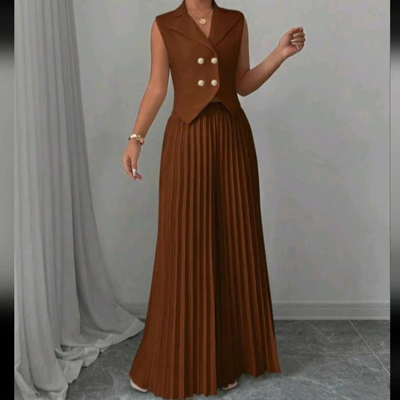 Vest Top And Pleated Straight Pants Set - brown