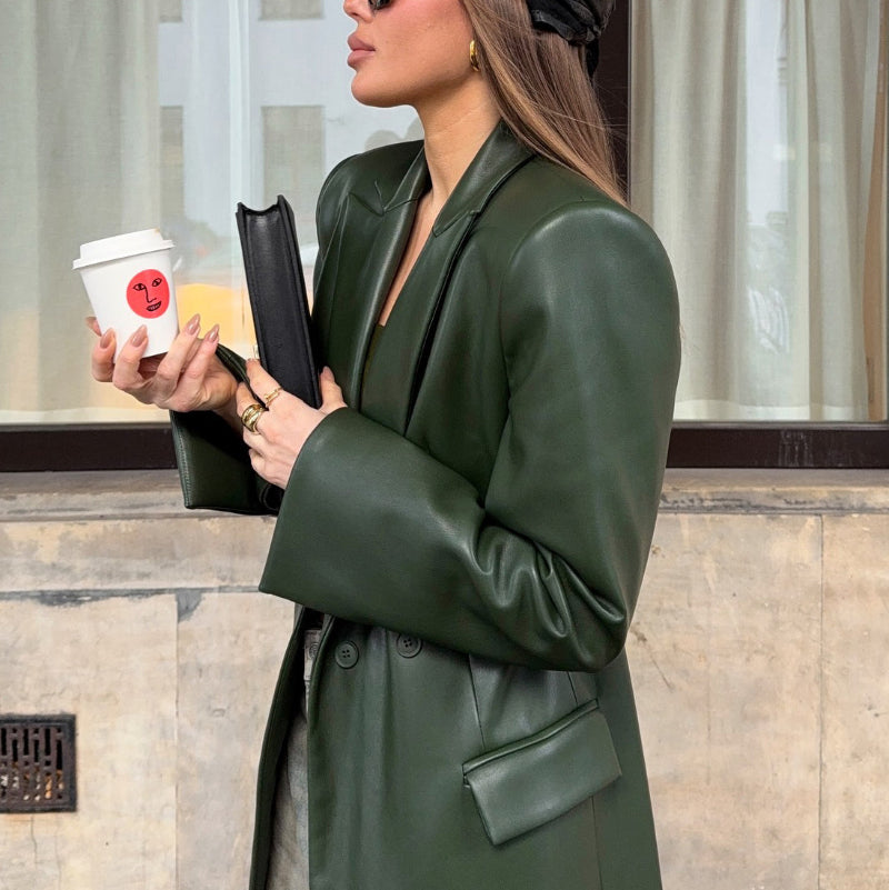 Olive Green Leather Maxi Trench Coat With Shoulder Pads