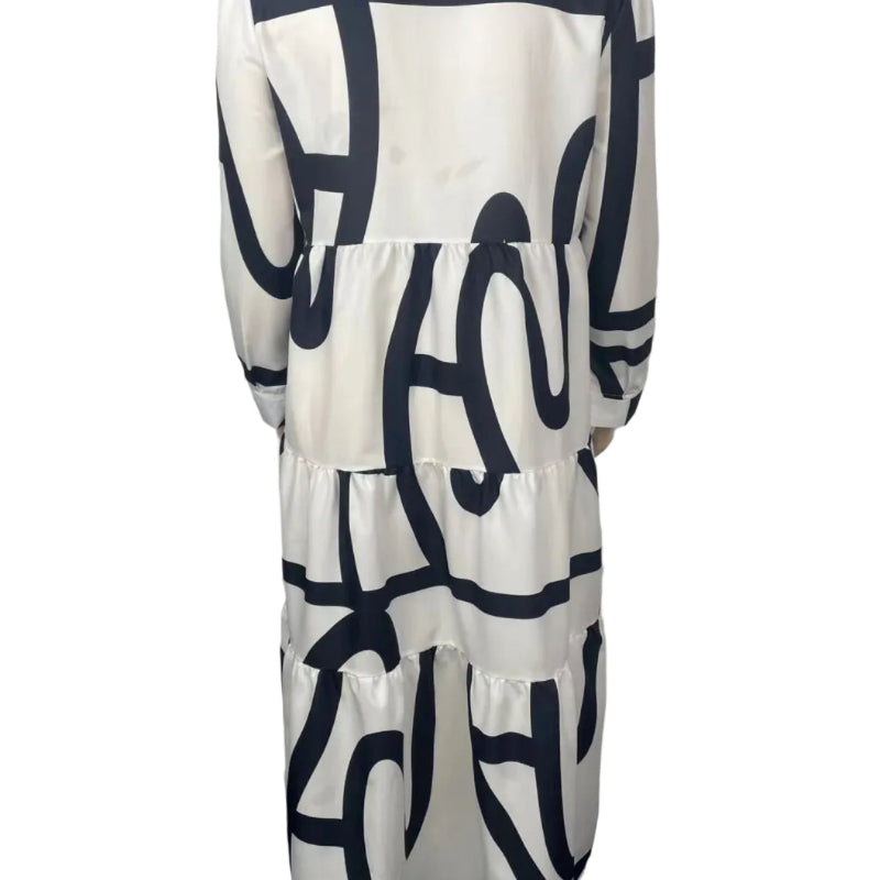 Black and White Abstract Print Tiered Maxi Dress
