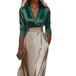 Emerald & Champagne Colourblock Satin Wrap Top & Maxi Skirt Set