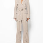 Elegant Solid Color Belted Blazer & High Waist Pants Set - beige
