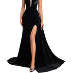 Crystal Starburst Halter Velvet Mermaid Gown with High Slit