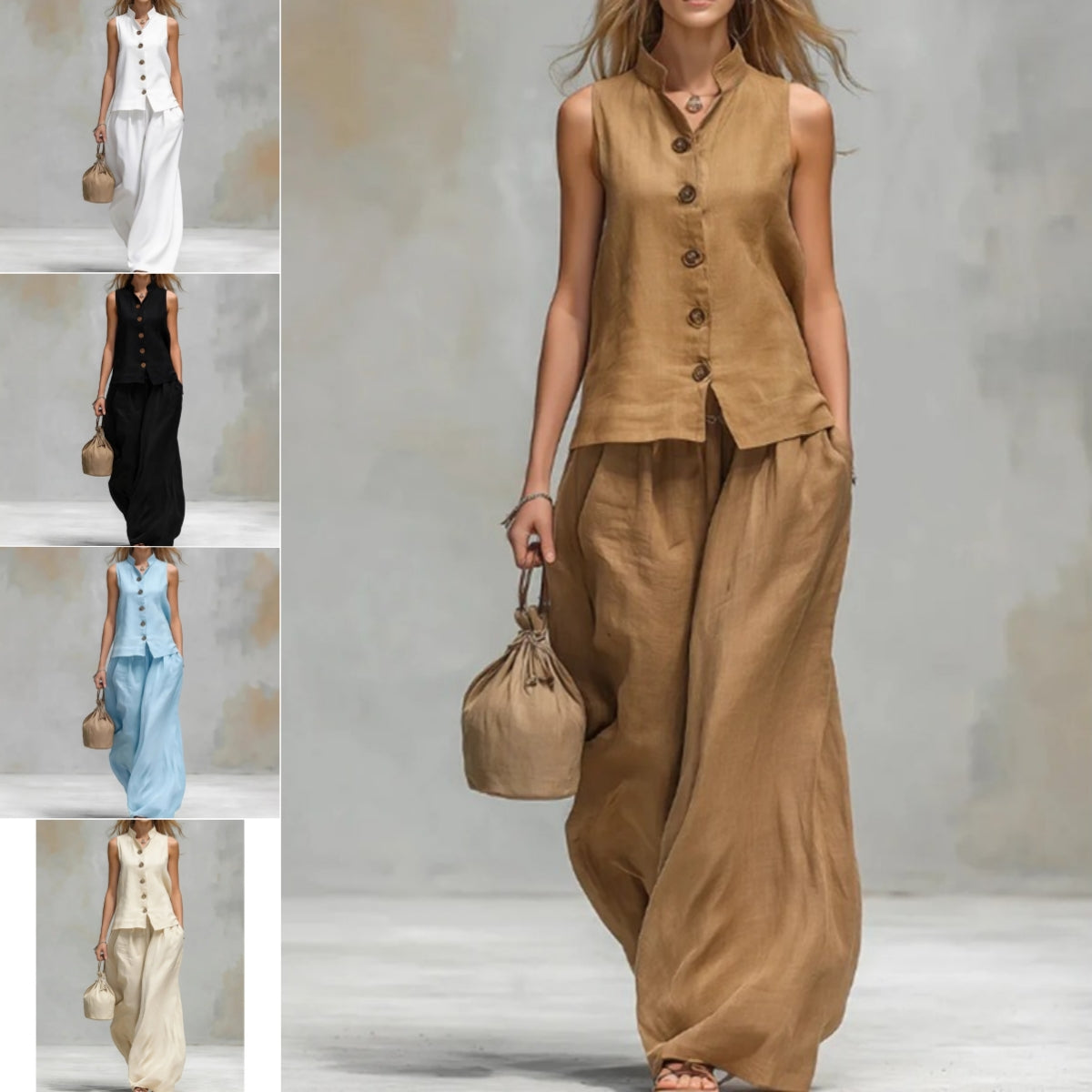 Sleeveless Vest And Matching Pants Set - brown