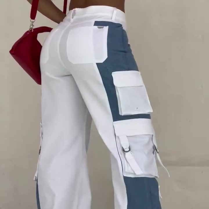 Contrast Pocket Cargo Jeans - white