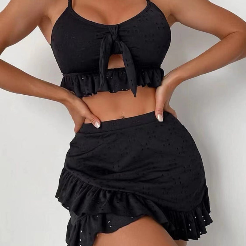 Broderie Anglaise Tie-Front Crop Top, Bikini Bottom & Ruffle Mini Skirt 3-Piece Beach Set - black