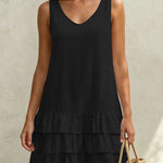 Sleeveless V-Neck Layered Ruffle Mini Dress - black
