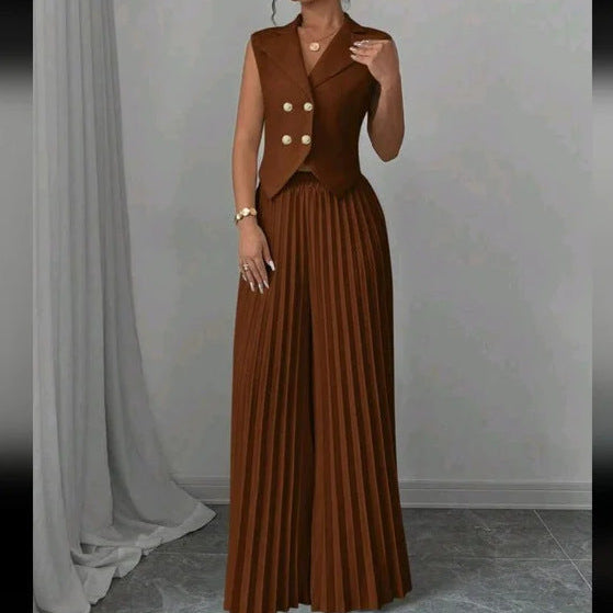 Vest Top And Pleated Straight Pants Set -brown