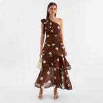 One-Shoulder Lace-Up Backless Large Polka-Dot Four-Tier Ruffle Chiffon Midi Dress — Brown