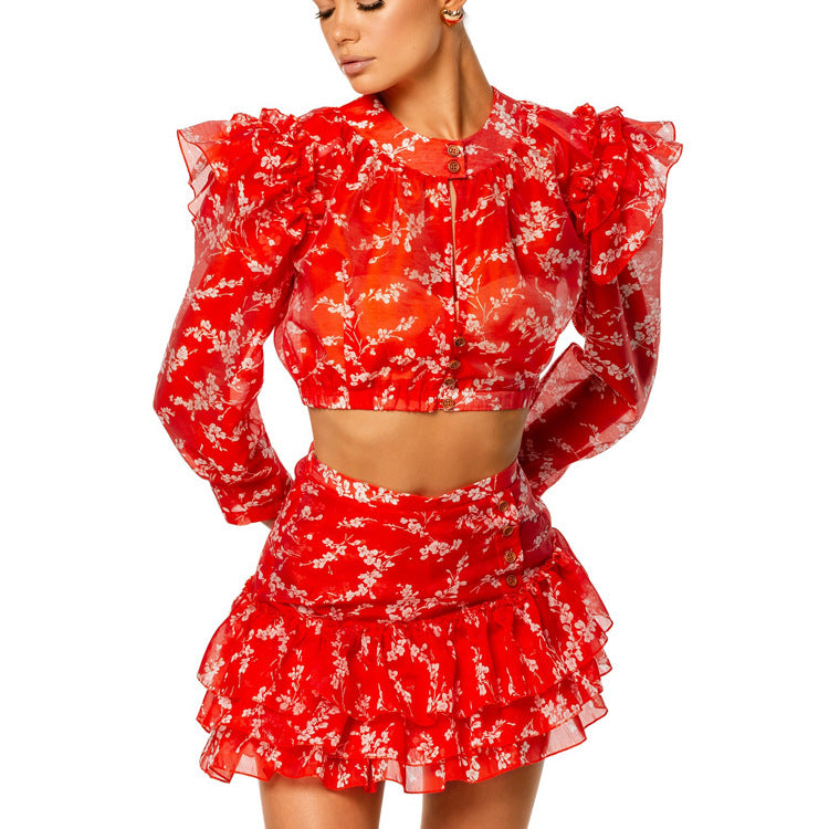 Round Neck Long-sleeved Cropped Top And Printed Mini Skirt Two-piece Set