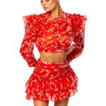 Round Neck Long-sleeved Cropped Top And Printed Mini Skirt Two-piece Set