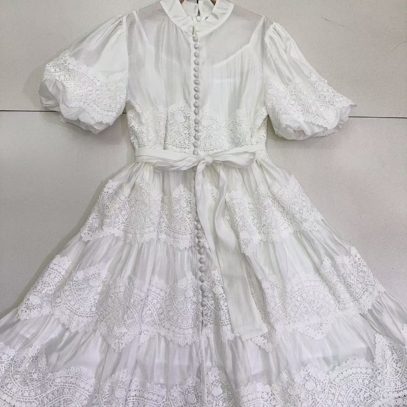 Pearl-Button Broderie Lace Puff-Sleeve Mini Dress - white