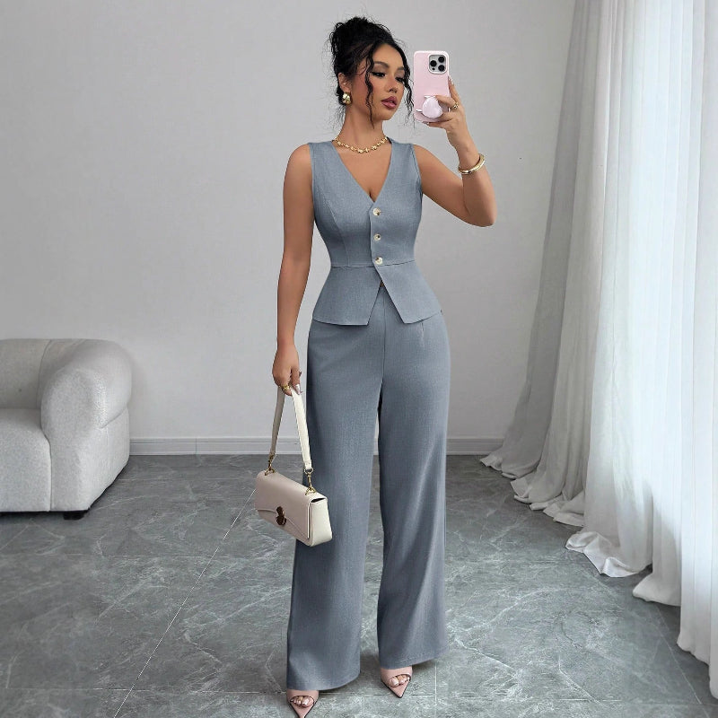 Sleeveless Slim V-neck Vest And High Waist Trousers Two-piece Set - light blue