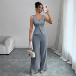 Sleeveless Slim V-neck Vest And High Waist Trousers Two-piece Set - light blue