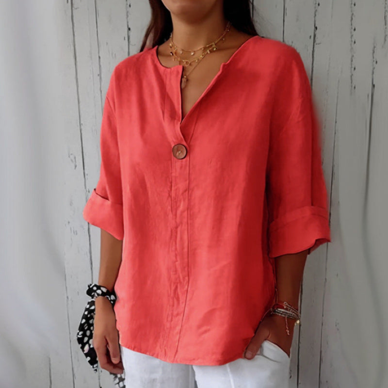 V-neck Long-sleeved Tops -coral