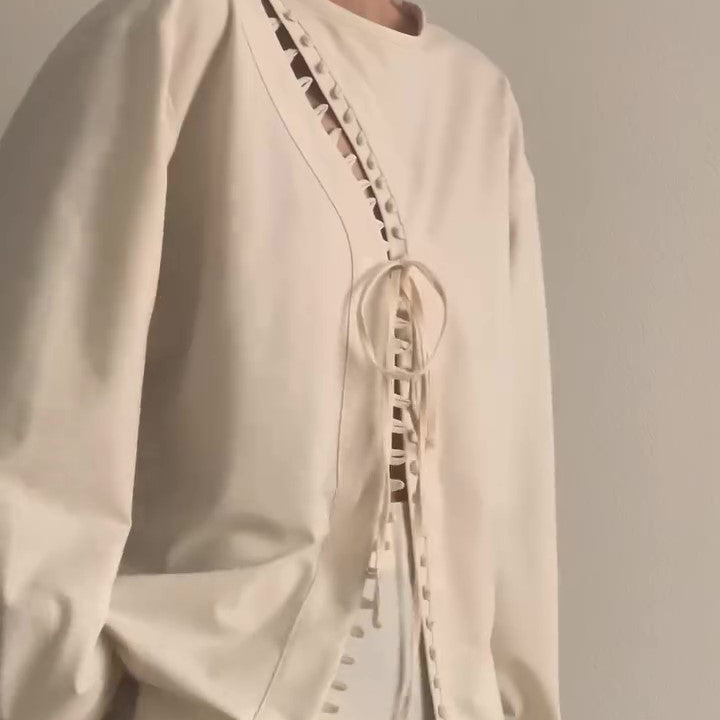 Cream Lace-Up Detail Top And Asymmetric Maxi Skirt Set