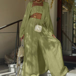 Sage Green 3-Piece Crop Top, Kimono Cardigan & Wide Leg Pants