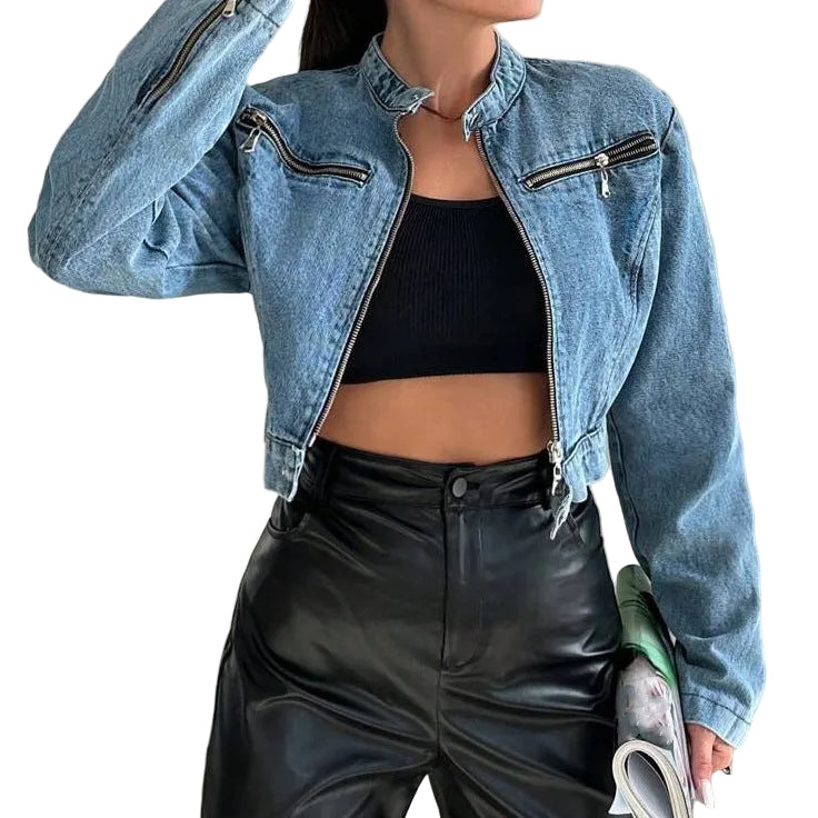 Cropped Denim Moto Jacket