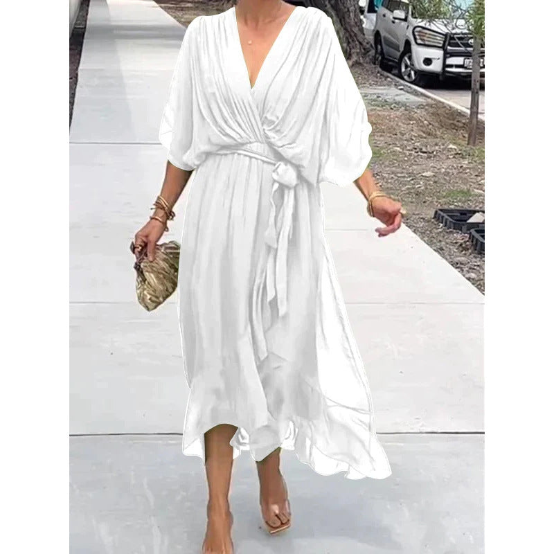 Batwing Sleeve V-neck Midi Dress - white
