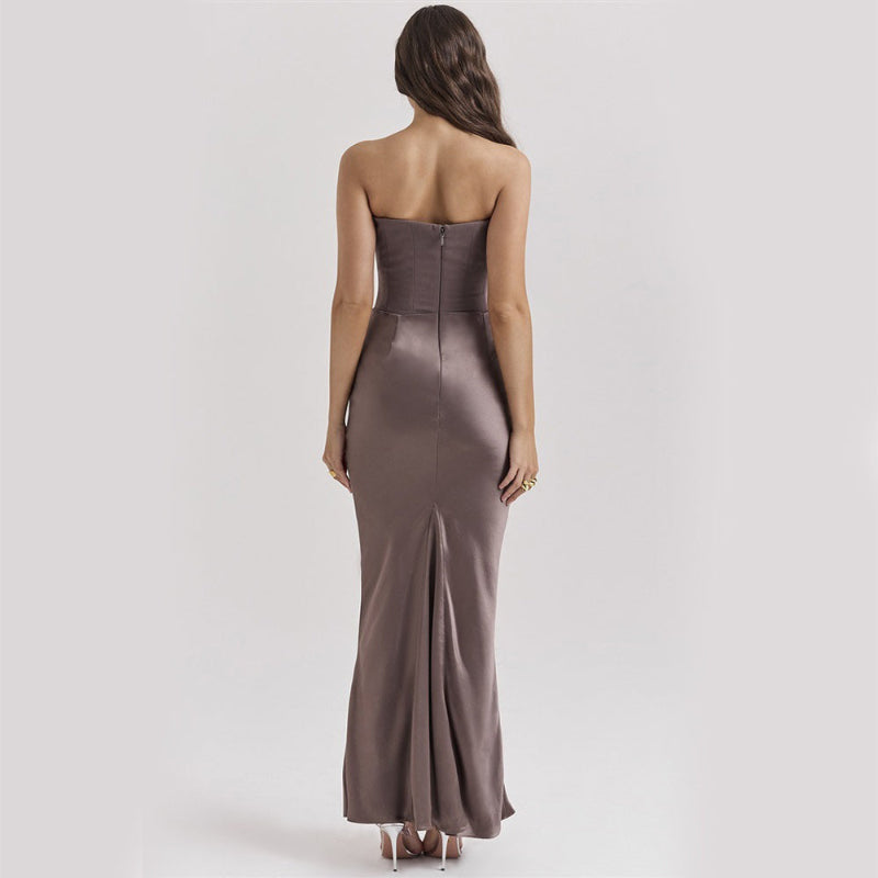 Tube Top Backless Evening Maxi Dress - brown