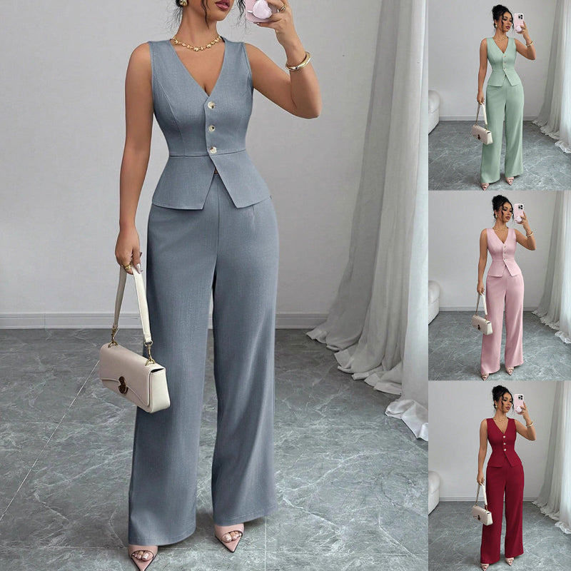 Sleeveless Slim V-neck Vest And High Waist Trousers Two-piece Set