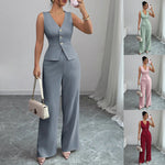 Sleeveless Slim V-neck Vest And High Waist Trousers Two-piece Set