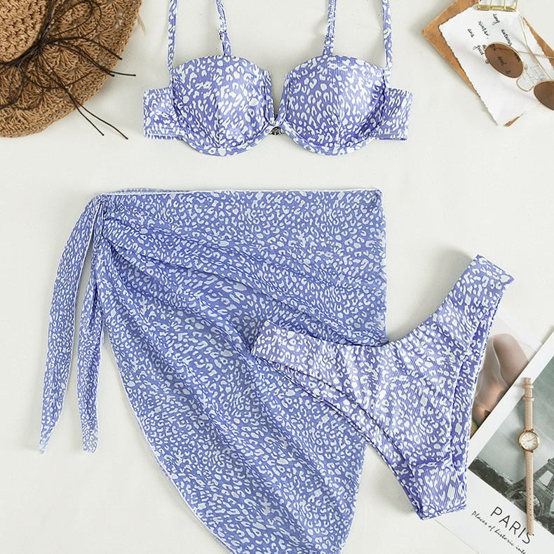 Three-Piece Floral Bikini & Beach Skirt Set - light blue